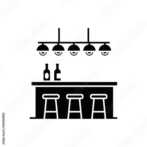 Vector art of a black and white illustration of a bar counter with stools and bottles, illuminated by overhead lights, representing a modern establishment for drinks and socializing