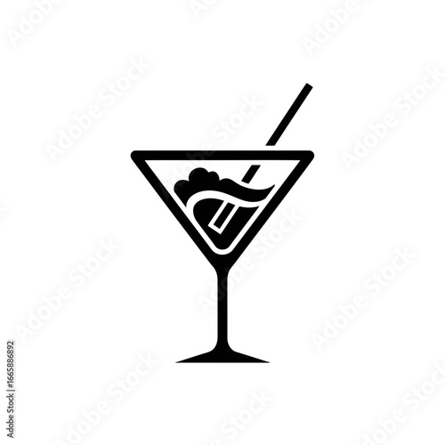 Vector art of black and white icon of a martini cocktail with a straw and garnish, isolated on a