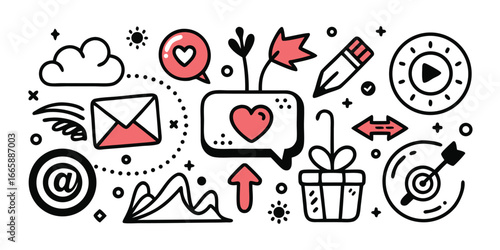 Line art vector illustration with social media elements,love hearts,cloud,gift box and arrow target in and red tones
