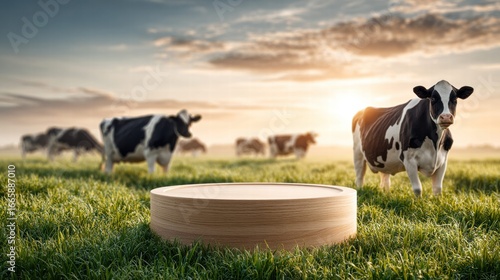 A tranquil farm scene with cows grazing peacefully in a green field during a sunset.