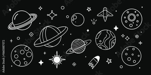 Linear space elements on background planets stars rockets comets for cosmic designs educational materials and kid related projects