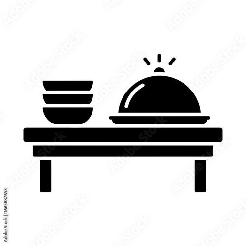 Vector art of a black and white illustration of a food serving setup on a table, featuring stacked bowls and a covered dish, suitable for restaurant or catering themes