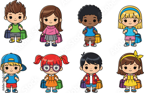 Cute cartoon school kids, diverse children characters, colorful backpack boys and girls, elementary students illustration, back to school vector, happy kids clipart design