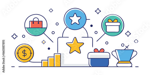 Modern rewards program vector illustration with gift boxes shopping bag and financial growth depicted promoting loyalty and success
