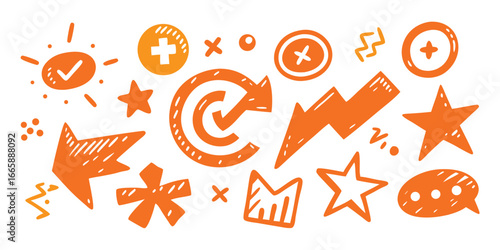 Orange hand drawn doodle icon set on white background,including stars,arrows,plus signs,check marks,and speech bubbles