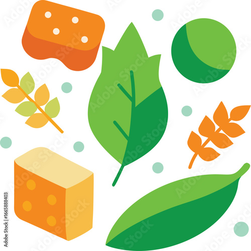 Ingredient pattern with green leaves, wheat sprigs, pea, bean pod, and cheddar cheese on a white background with mint dots flat vector
