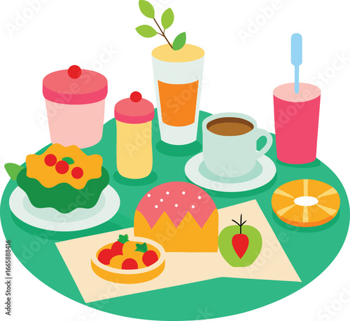 Vegan breakfast including coffee, orange juice, pink smoothie, yogurt jars with cherries, leafy salad, mini tart, iced sweet bread, ring cookie and green apple on a teal tray, flat vector