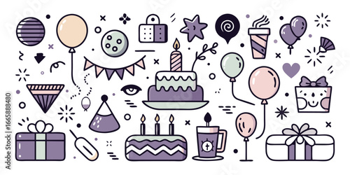 Playful birthday party doodles illustration with cakes balloons and gifts celebration elements isolated on white background for festive designs and greetings
