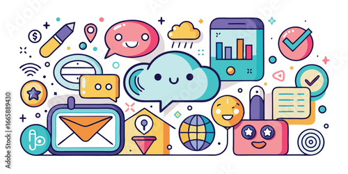 Playful illustration of social media and internet communication icons featuring smiles and engaging elements for online platforms and digital marketing