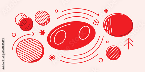 Playful red doodle illustration with geometric shapes and hand drawn elements on light background for creative designs and artistic projects