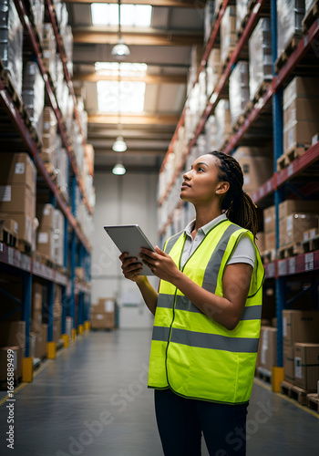 A young Black woman in a safety vest and dark pants, looking up at high warehouse shelves while using a tablet. Warehouse worker checking inventory in a modern distribution center.