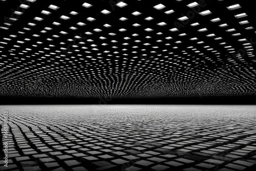 Abstract black and white grid pattern.  A dense array of squares fills the image, creating a geometric perspective.  A floor and ceiling effect are apparent, suggesting vastness