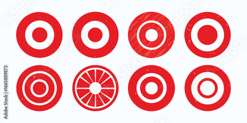 Set of distressed red target illustrations on white background representing accuracy and precision,vector graphics for design