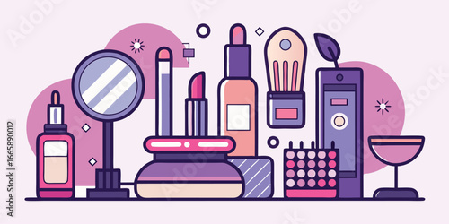 Stylish cosmetic products and beauty tools illustration in soft tones for fashion and selfcare aesthetics