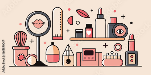 Stylish cosmetic products flat lay illustration with makeup brushes perfumes and lipstick for beauty marketing and social media campaigns