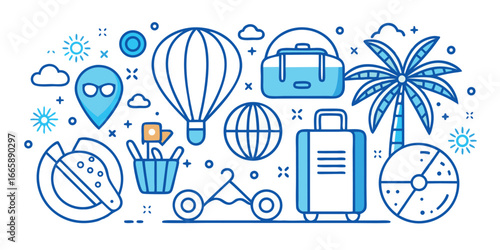 Travel and vacation doodle icons concept featuring hot air balloon suitcase and tropical elements representing adventure and exploration holiday trip preparation theme