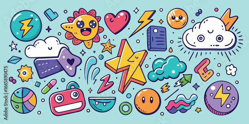 Vibrant doodle vector illustration featuring whimsical characters and playful elements on a light blue background for creative projects
