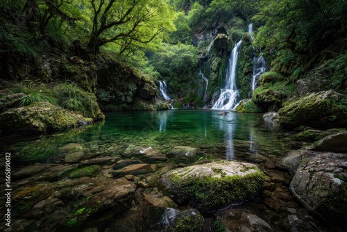 Stunning waterfalls cascade into a serene pool in Wolong National Park, Sichuan, showcasing nature's beauty in a tranquil setting
