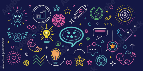 Vivid doodle art illustration with ideas,creativity and positive concepts floating on a dark blue background featuring lightbulbs,stars and cosmic elements