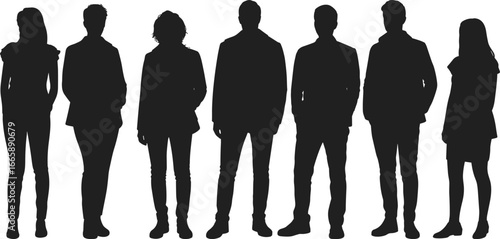 Group of business people silhouette, professional men and women standing in row, ideal for corporate designs, teamwork illustrations, leadership, and business concept visuals
