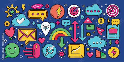 Whimsical doodle pattern with social media and technology icons on a dark blue background trendy flat design