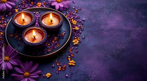 Three lit diyas on a dark purple textured surface with flowers and crystals candles flame