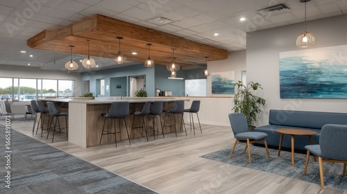 Modern office lounge with kitchen island, seating area, artwork, and wooden beams