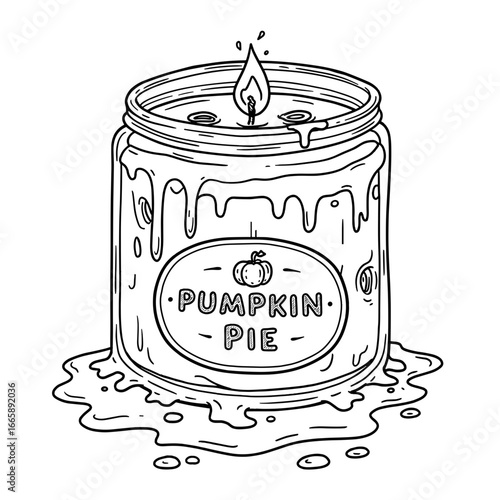 Pumpkin pie candle jar with melted wax and lit wick design  