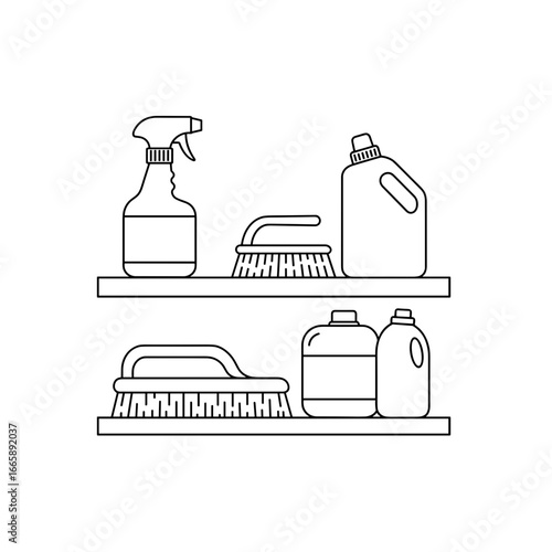 Cleaning supplies on shelves including sprays and brushes  