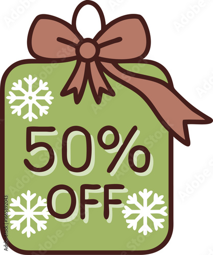Cartoonish tag showing fifty percent off with snowflakes and a brown bow is isolated