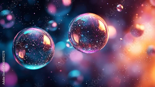 Vibrant Floating Bubbles with Shimmering Particles in an Abstract Cosmic Space.