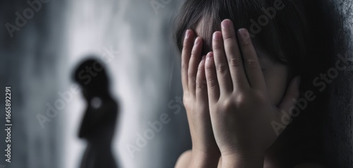 The Child Covering Her Face Beside a Shadowed Figure Against a Concrete Wall