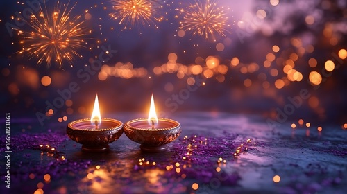 Two lit diyas with fireworks and bokeh lights in the background diwali festival