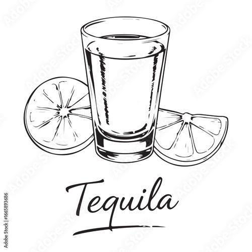 Tequila shot with lime and lemon slices isolated on white background, a refreshing and classic alcoholic beverage illustration