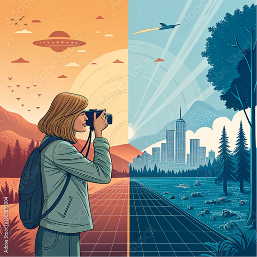 Split World Vector of Photographer Between Nature and Futuristic City