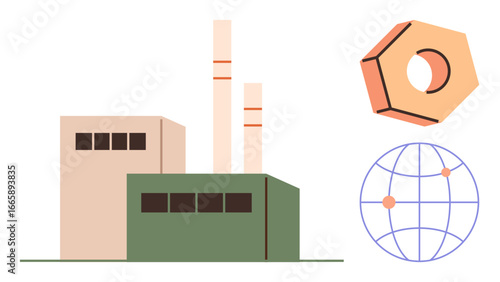 Factory building with smokestacks, a global network outline, and a mechanical nut. Ideal for manufacturing, industry, logistics, economy, engineering globalization sustainability. Simple flat