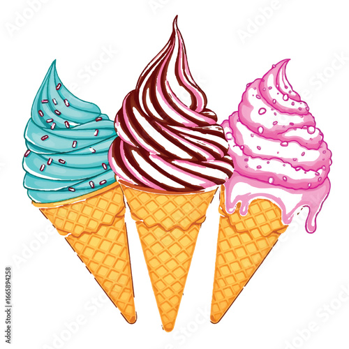 Three colorful ice cream cones isolated on white background, a delightful treat for a hot day, perfect for summer