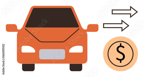 Red car front and coin with dollar sign, two arrows pointing outward. Ideal for car sales, rental, transport, trade, finance, e-commerce transaction concepts. Clean simple flat metaphor