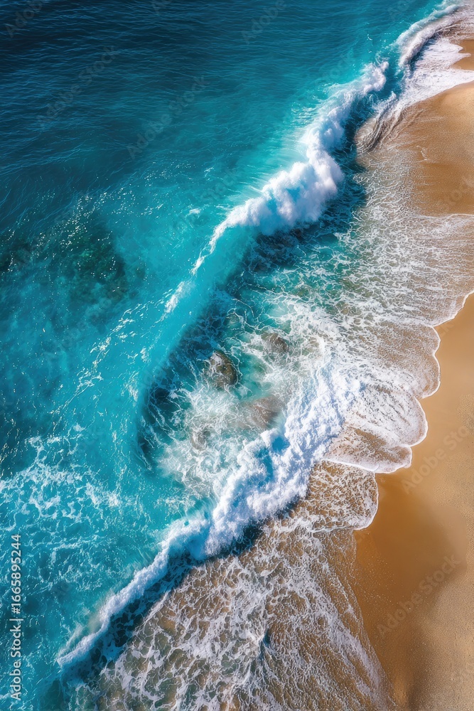 Fototapeta premium Azure waves crash on golden shore