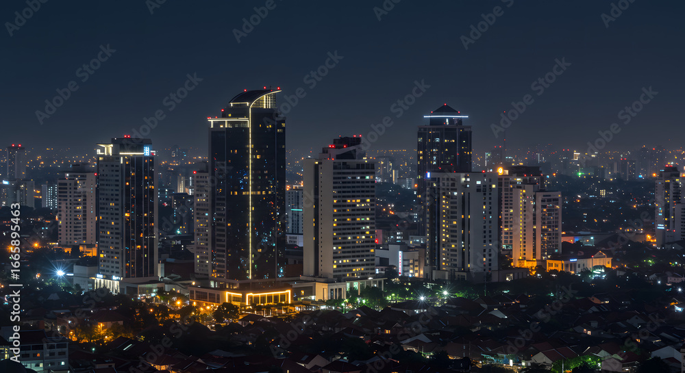 Obraz premium Panoramic nighttime vista of a vibrant urban cityscape, featuring an array of illuminated modern high-rise buildings that define the dazzling metropolitan skyline