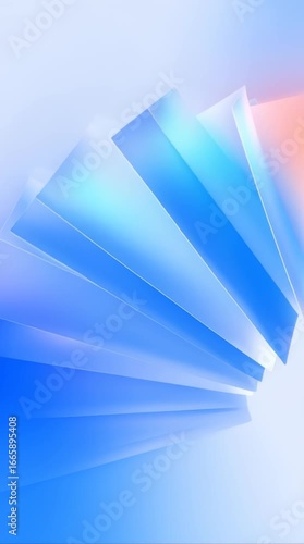 Geometric abstract background with blue glass planes angled with soft gradient lighting and a hint of orange and pink in the background, representing modern design and technology