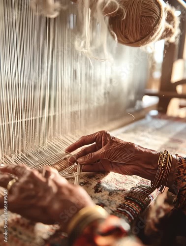 Senior artisan works skillfully on a traditional loom, creating intricate patterns with natural fibers and wearing decorative golden bangles on a medium skin arm