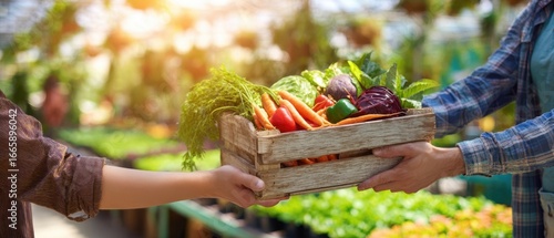 The Wooden Crate of Fresh Vegetables Being Exchanged at Farmers Market Stall