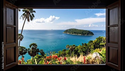 Wallpaper Mural View from a window overlooking a tropical island with lush vegetation, turquoise sea, and a clear blue sky with scattered clouds. Torontodigital.ca