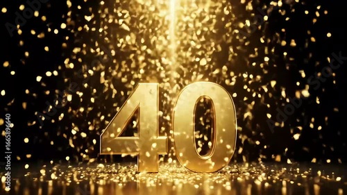 Golden Number Forty Celebration with Sparkling Confetti Shower.