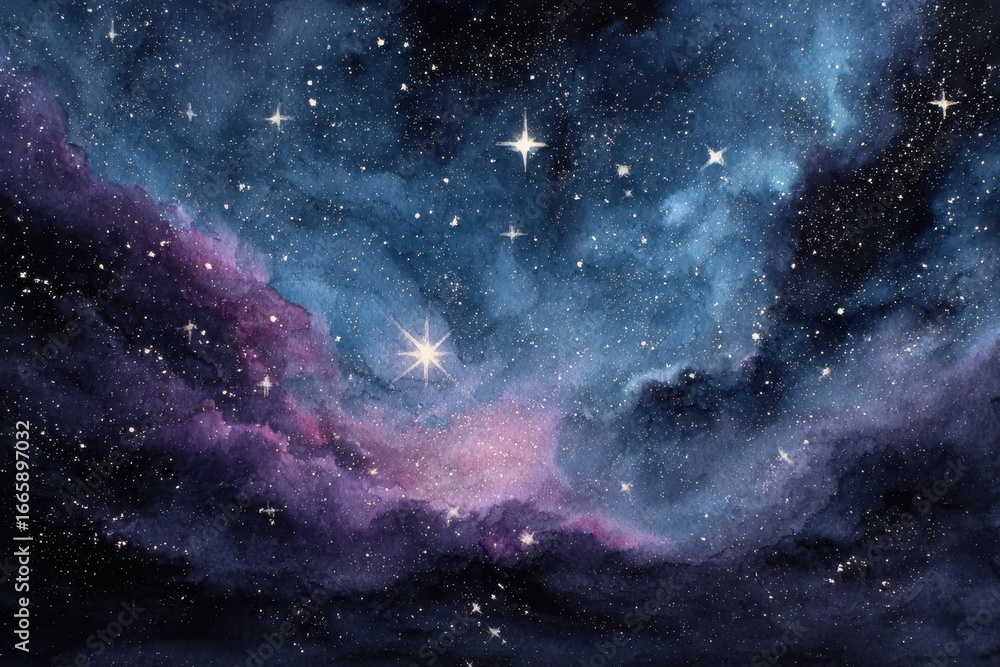 Fototapeta premium Vibrant galactic watercolor nebula displaying shades of purple and blue, highlighting the beauty of the cosmos in a stellar formation full of stars