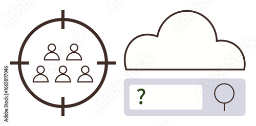 Group of individuals inside a targeting scope next to cloud with search bar and magnifying glass. Ideal for marketing, audience targeting, data management, cloud services, online search, strategy
