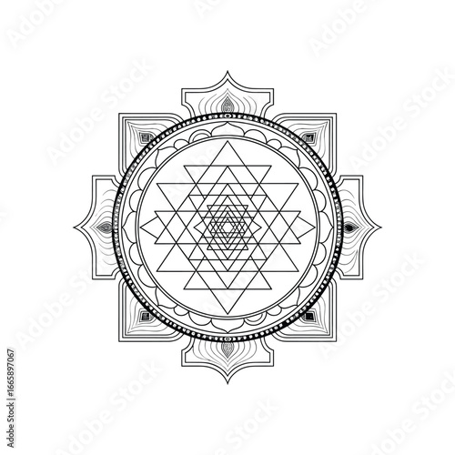 Intricate sri yantra sacred geometry symbol detailed drawing mandala art white background