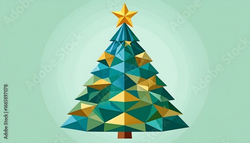 Geometric teal and gold Christmas tree on a light green background