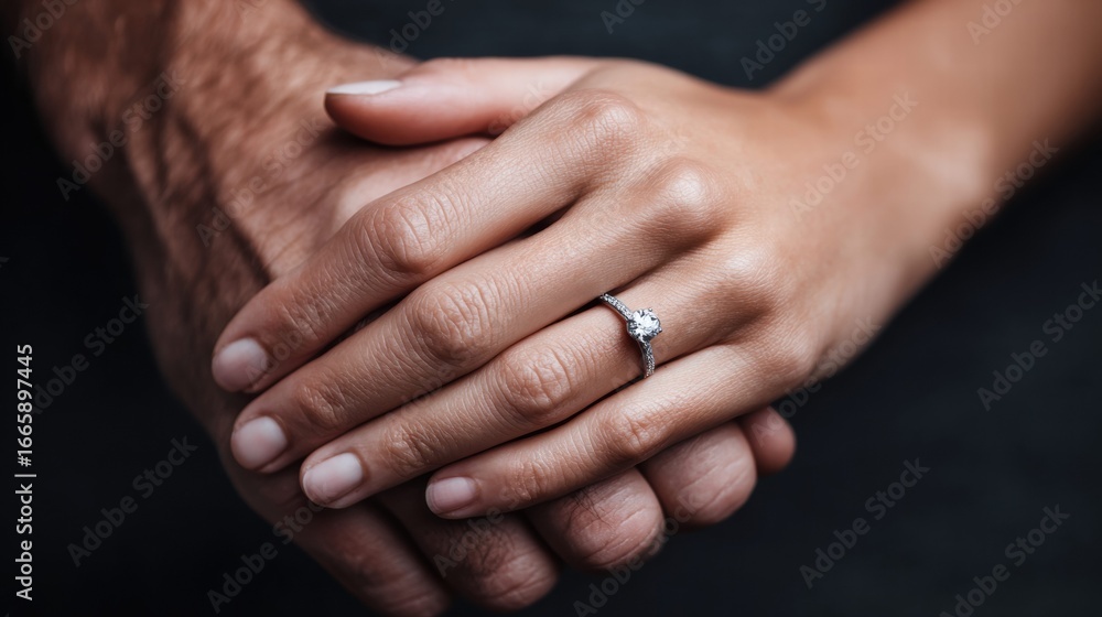 Fototapeta premium A beautiful engagement ring sparkles on a woman's hand as she holds hands with her partner.